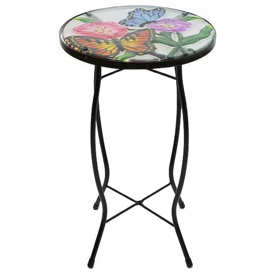 19&#x22; Floral &#x26; Butterfly Glass Patio Side Table